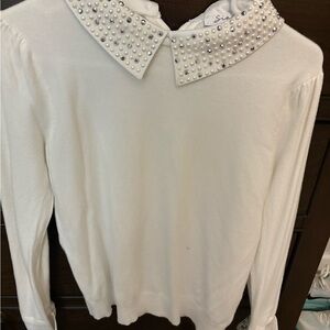 White Sweater with Pearl Embellished Collar
